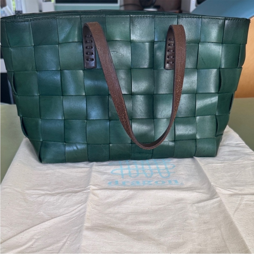 Good Used Dragon Diffusion Green Woven Leather Tote Bag Jade